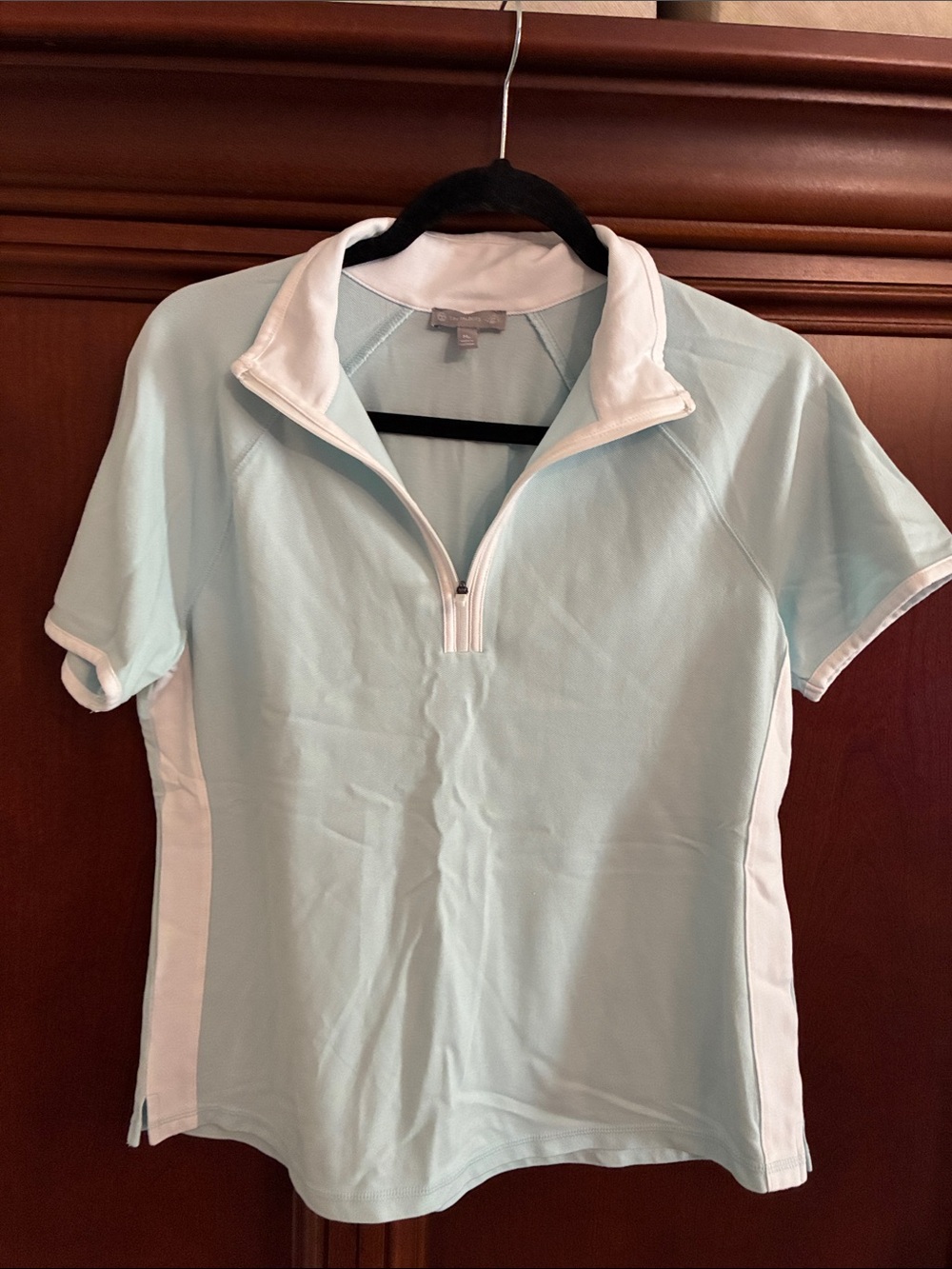 Talbots Light Blue and White Short-Sleeve Zip Polo